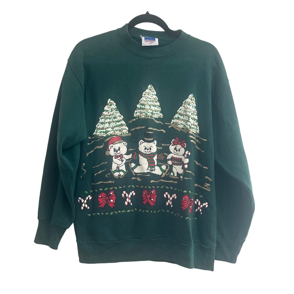 VTG UGLY CHRISTMAS SWEATER Adorable Ice Skating Polar Bears Large Size Green